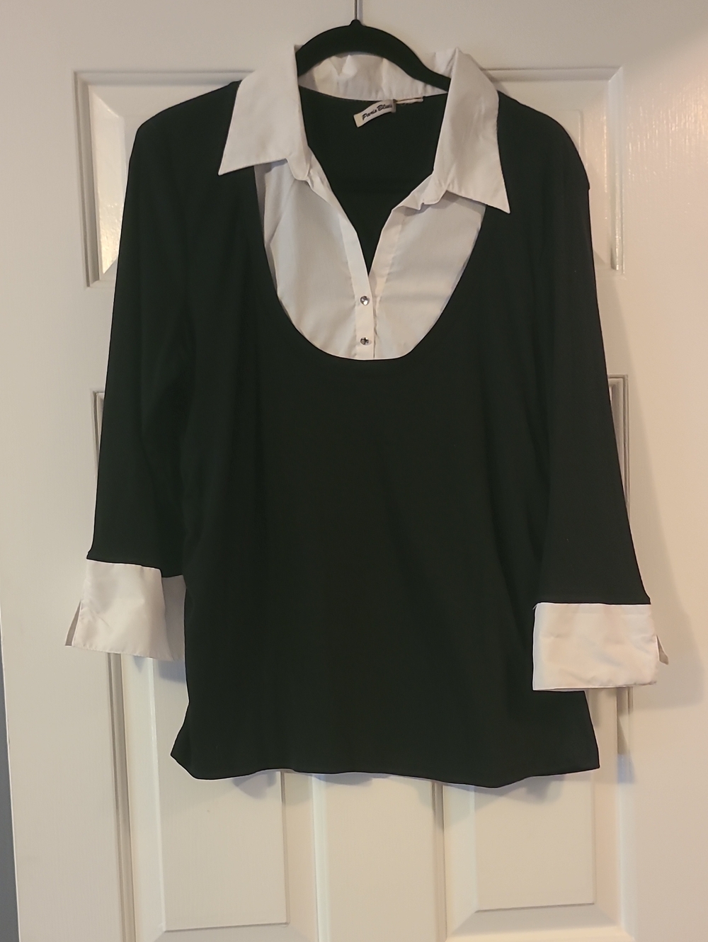 Paris Blues Black Faux Layered Blouse with White Collar & Cuff Details
